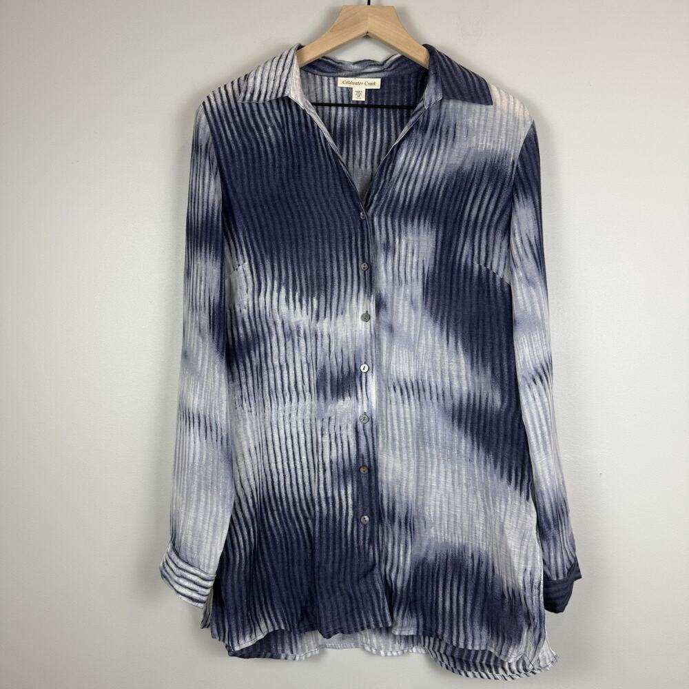 Coldwater Creek Button Up Blouse Top Women Large Blue‎ White Linen Lightweight